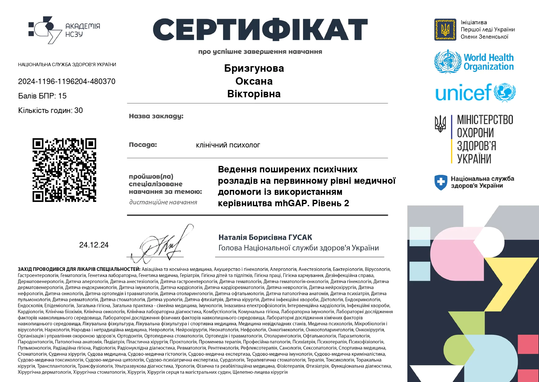 Сертифікат Оксана Бризгунова