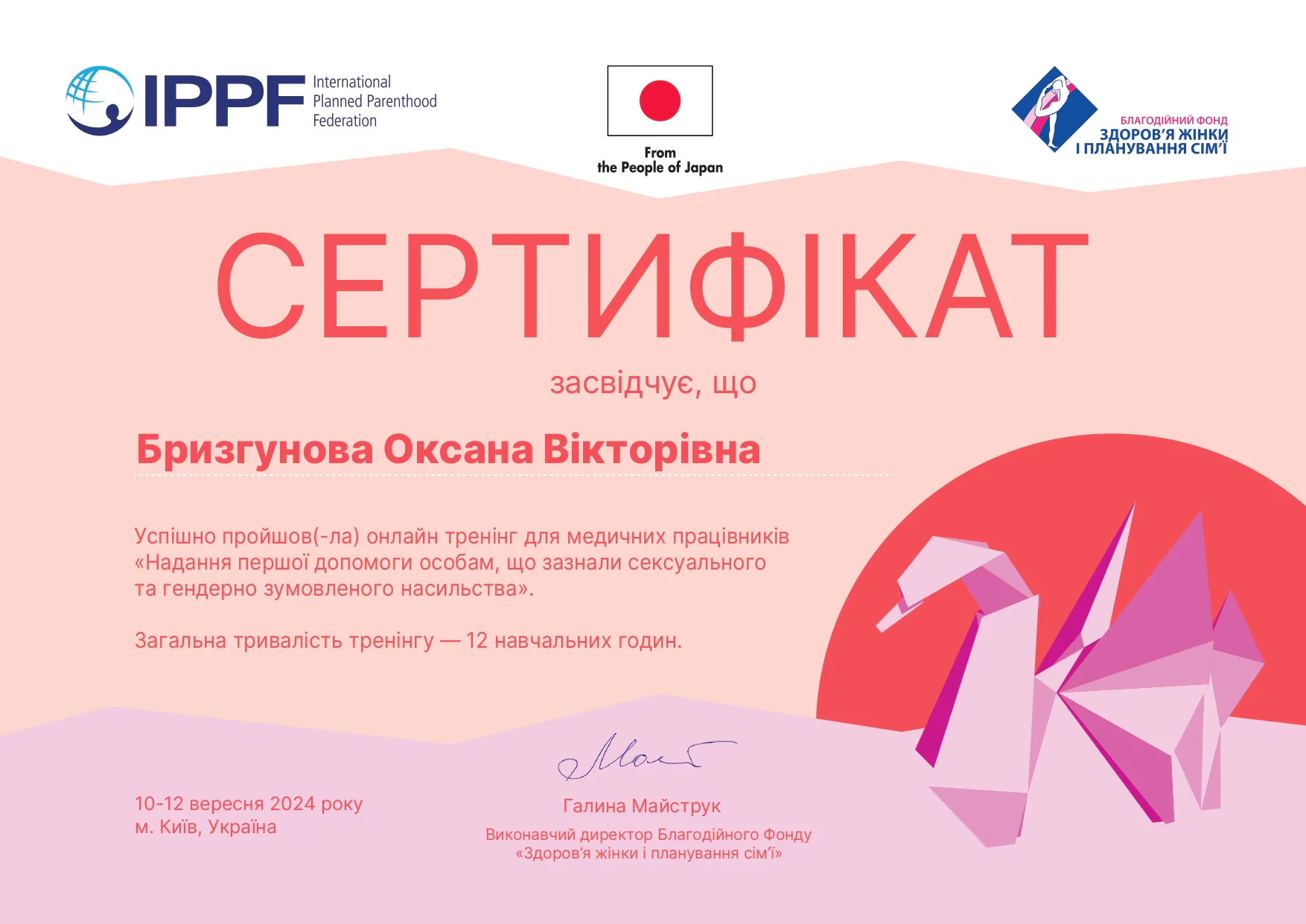 Сертифікат Оксана Бризгунова