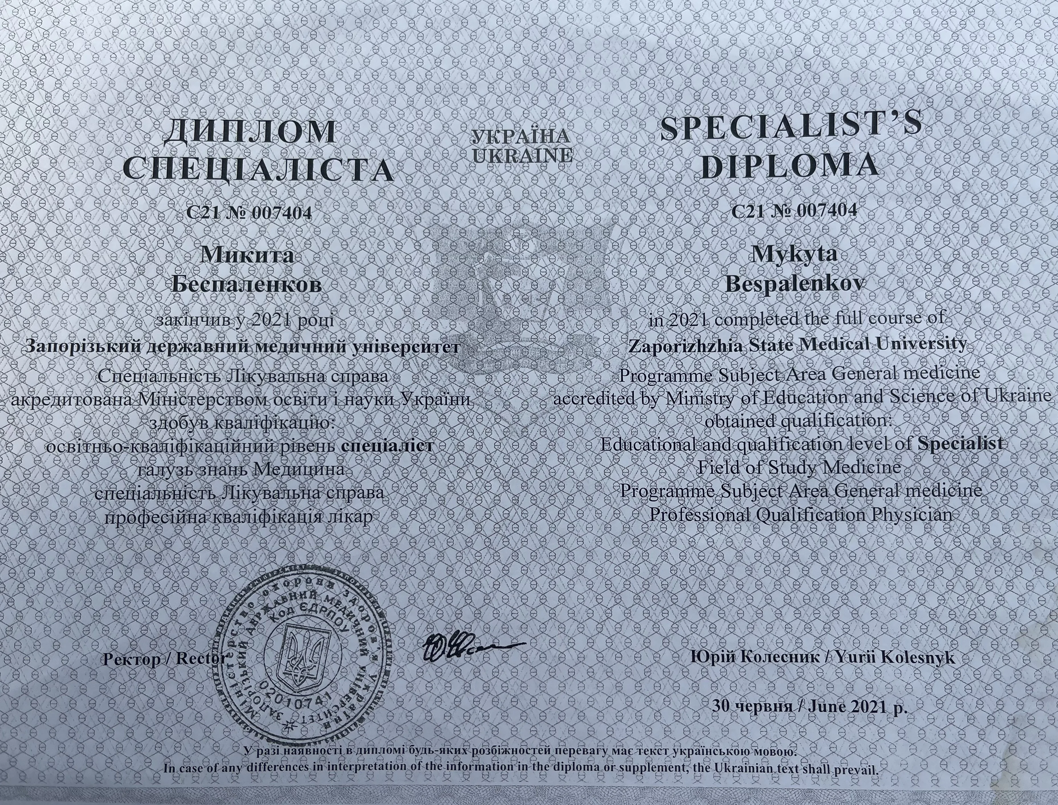 Диплом Микита Беспаленков