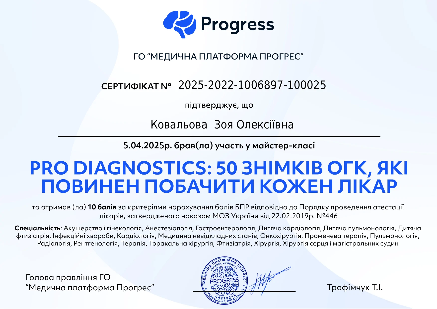 Сертифікат Ковальова Зоя Олексіївна