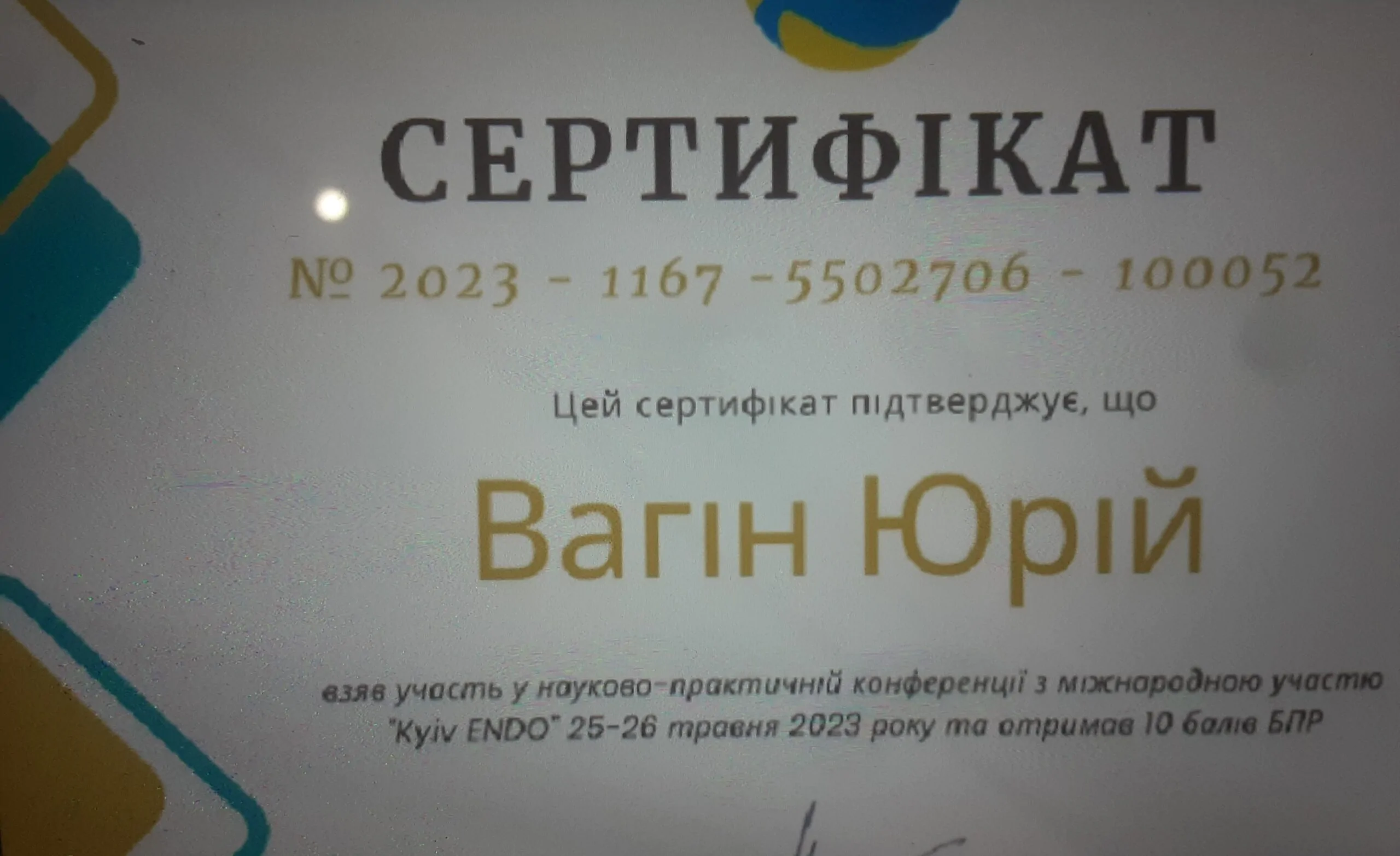 Сертификат Юрий Вагин