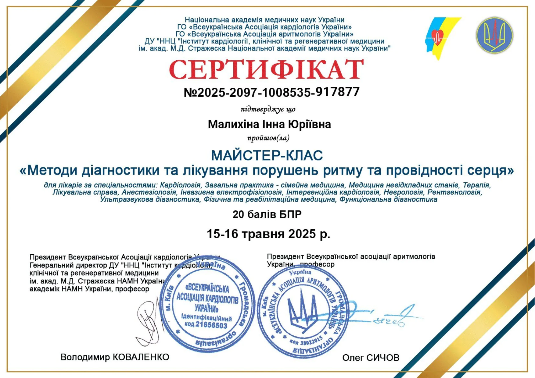 Малихіна Інна Юріївна Сертифікат