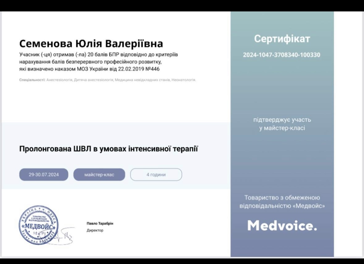 Юлія Семенова сертифікат