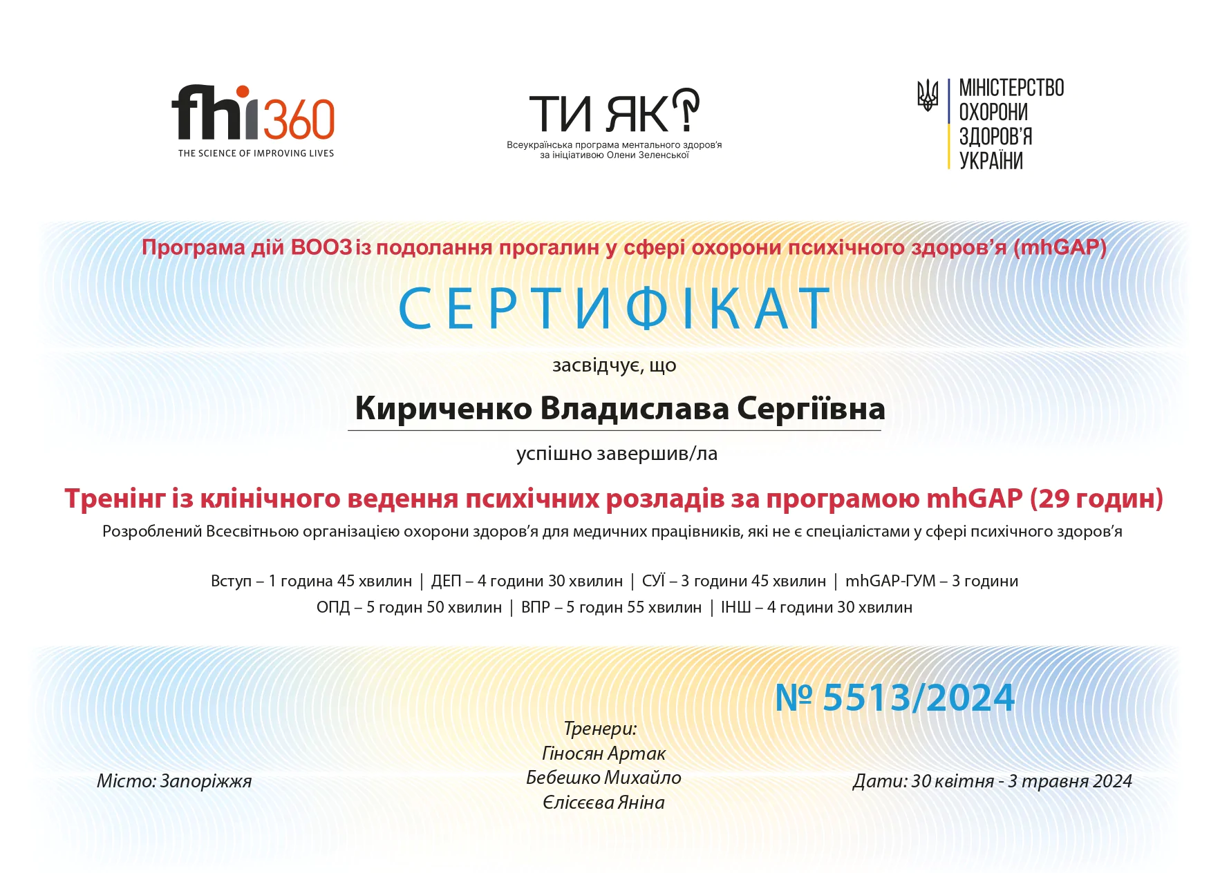 Кириченко Владислава сертифікат