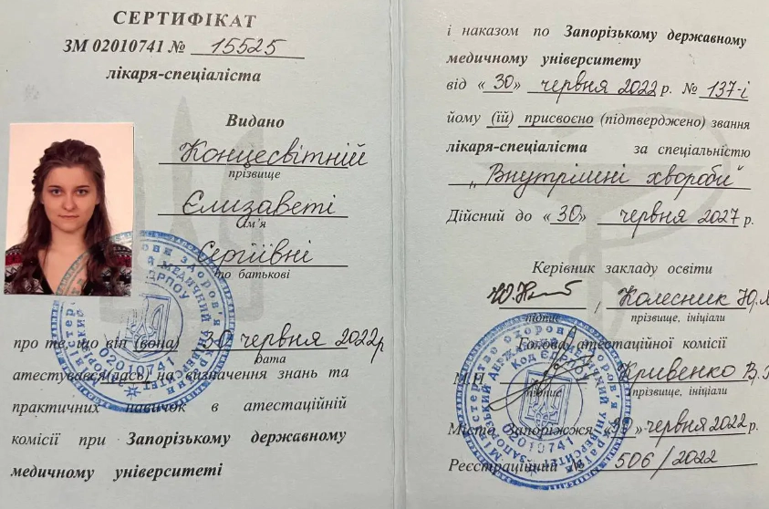 Концесветная Елизавета Сергеевна сертифікат