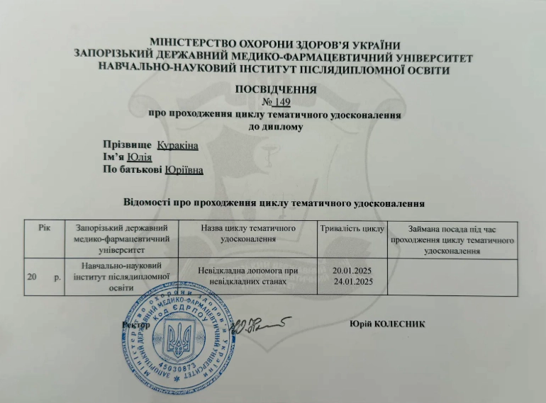 Куракіна Сертифікат