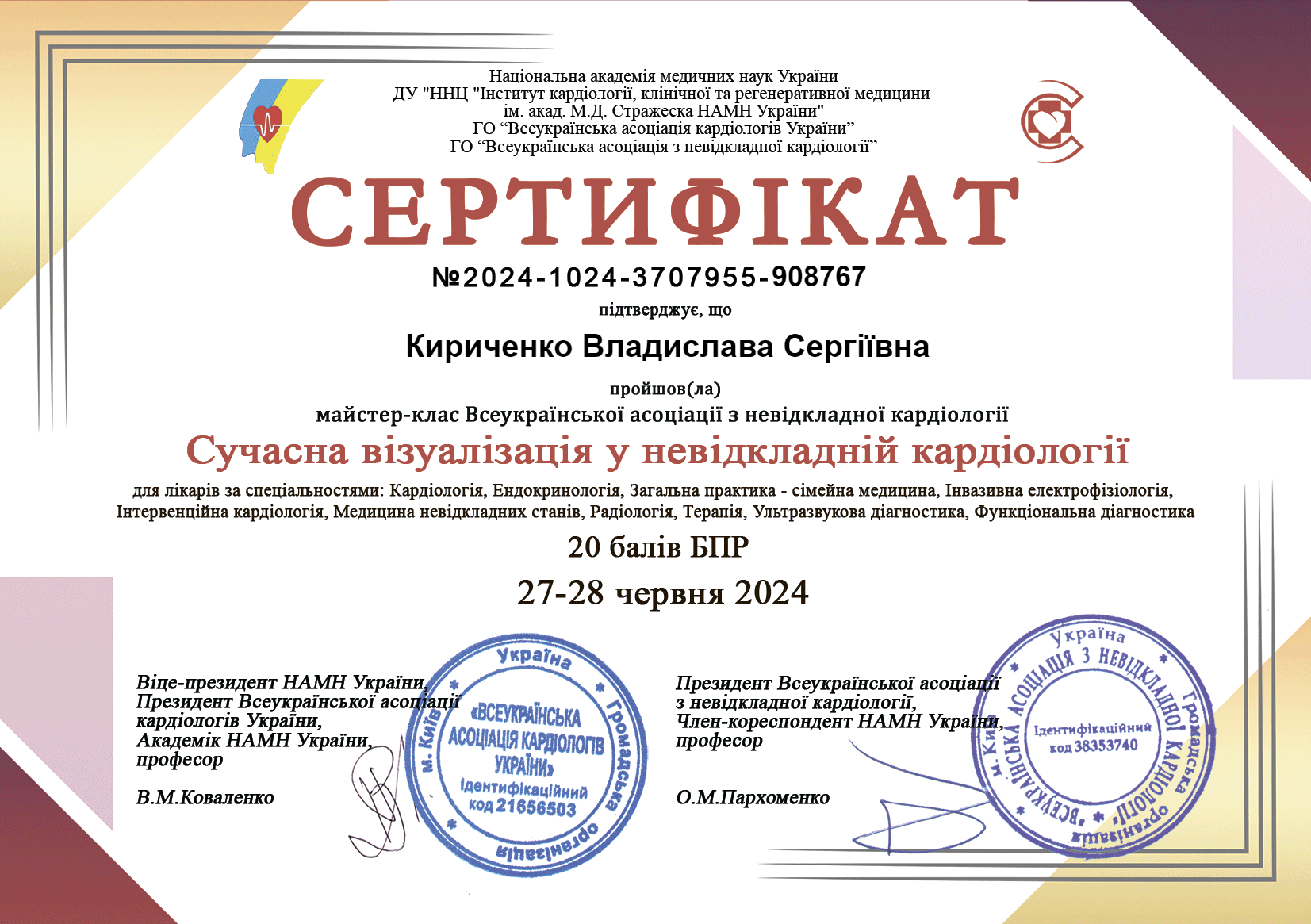 Кириченко Владислава сертифікат